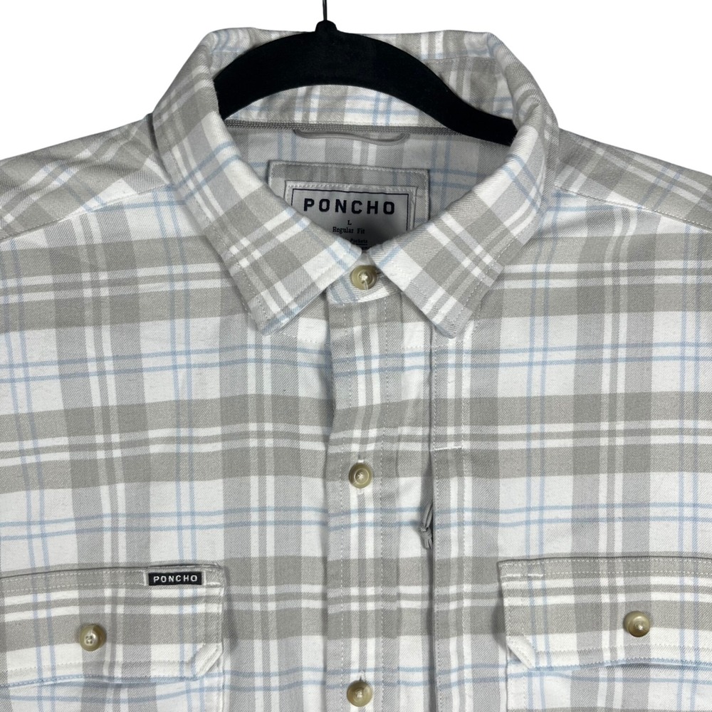 Poncho Button Down Flannel Shirt Mens L Grey Blue Plaid Magnetic Pocket Techwear